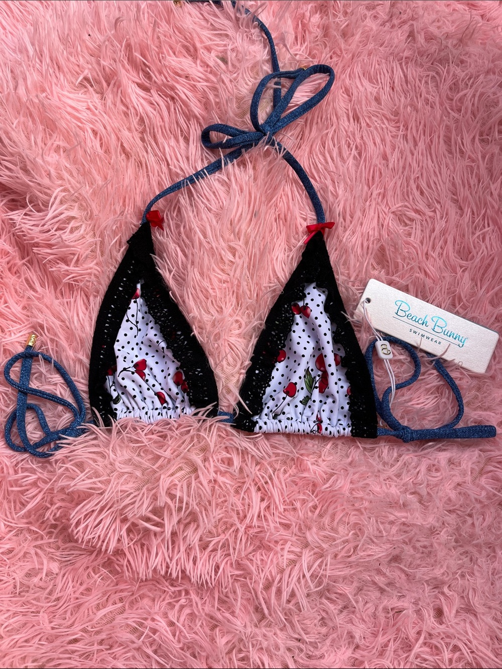 Beach Bunny Black & White Cherry Triangle Bikini Top with Blue Ties